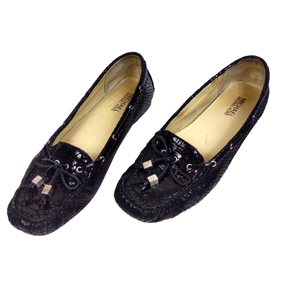 Michael Kors MK 9.5 M Black Moc Flats Leather Loafers Slip On Snake Embossed